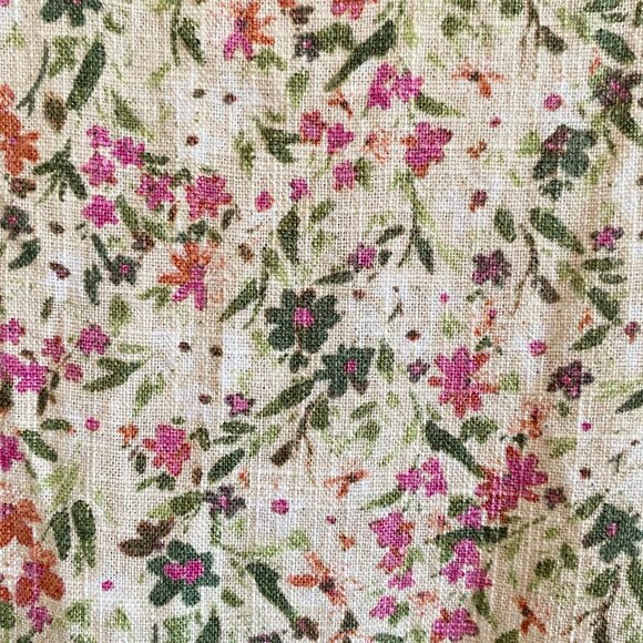 Linen Blend Pink Floral Print Tank Top Blouse with Lace Crochet, Button Keyhole - Picture 6 of 14